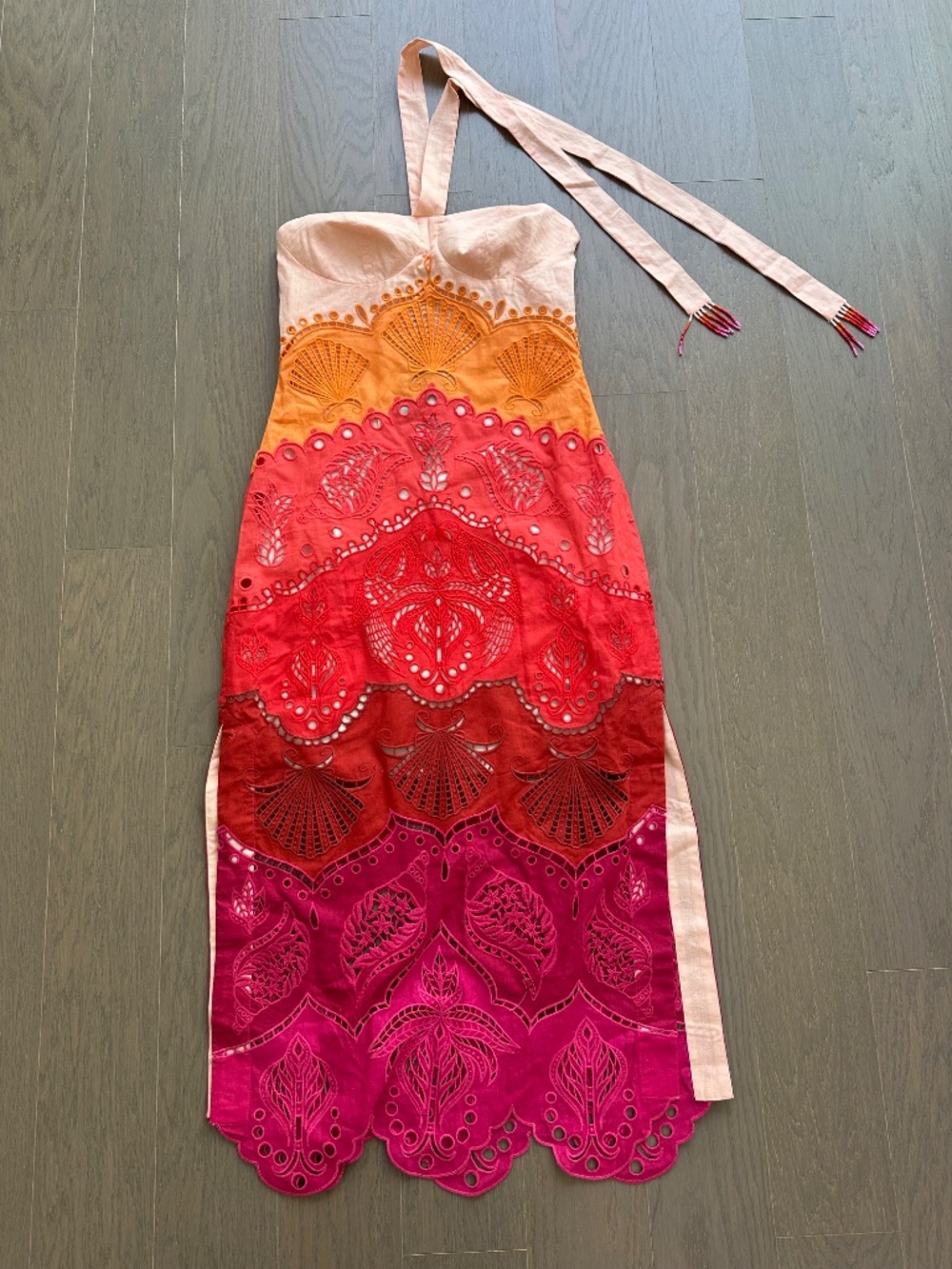 Farm Rio Summer Gradient Richelieu Ombre Linen Midi Dress Orange With Tags SMALL - Picture 2 of 11